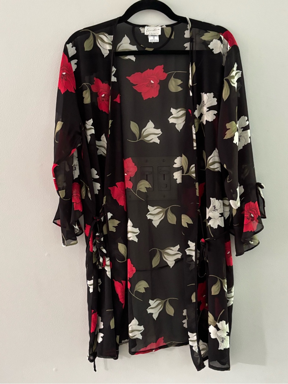 Vintage Linda Lingerie Chiffon Floral Robe Black Red Large